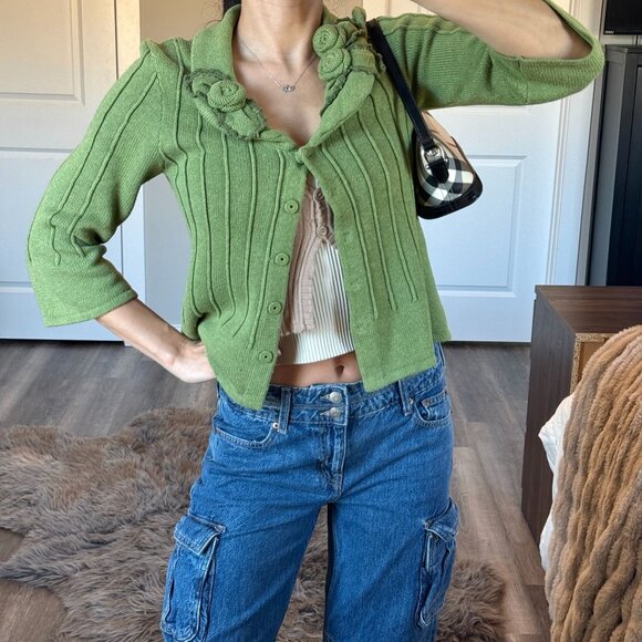 CAbi Sweaters - Vintage Y2K CAbi Green Knit Cardigan Cottagecore Rosette Collar Coquette Sweater